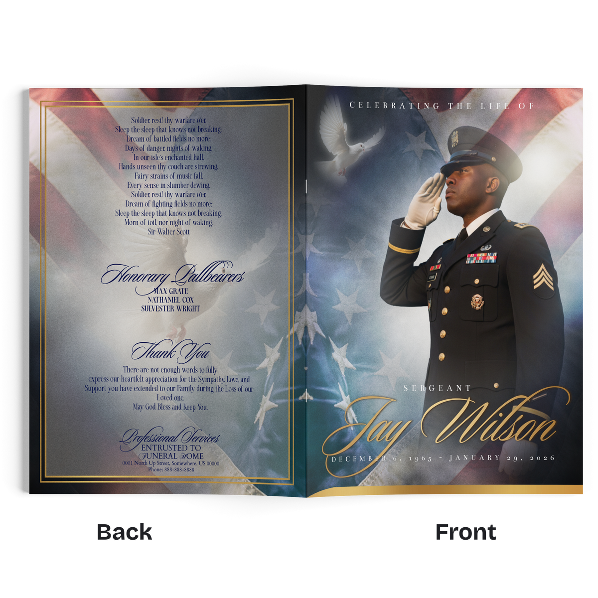 Memorial booklet open pages with sergeant in dark uniform and patriotic star backdrop