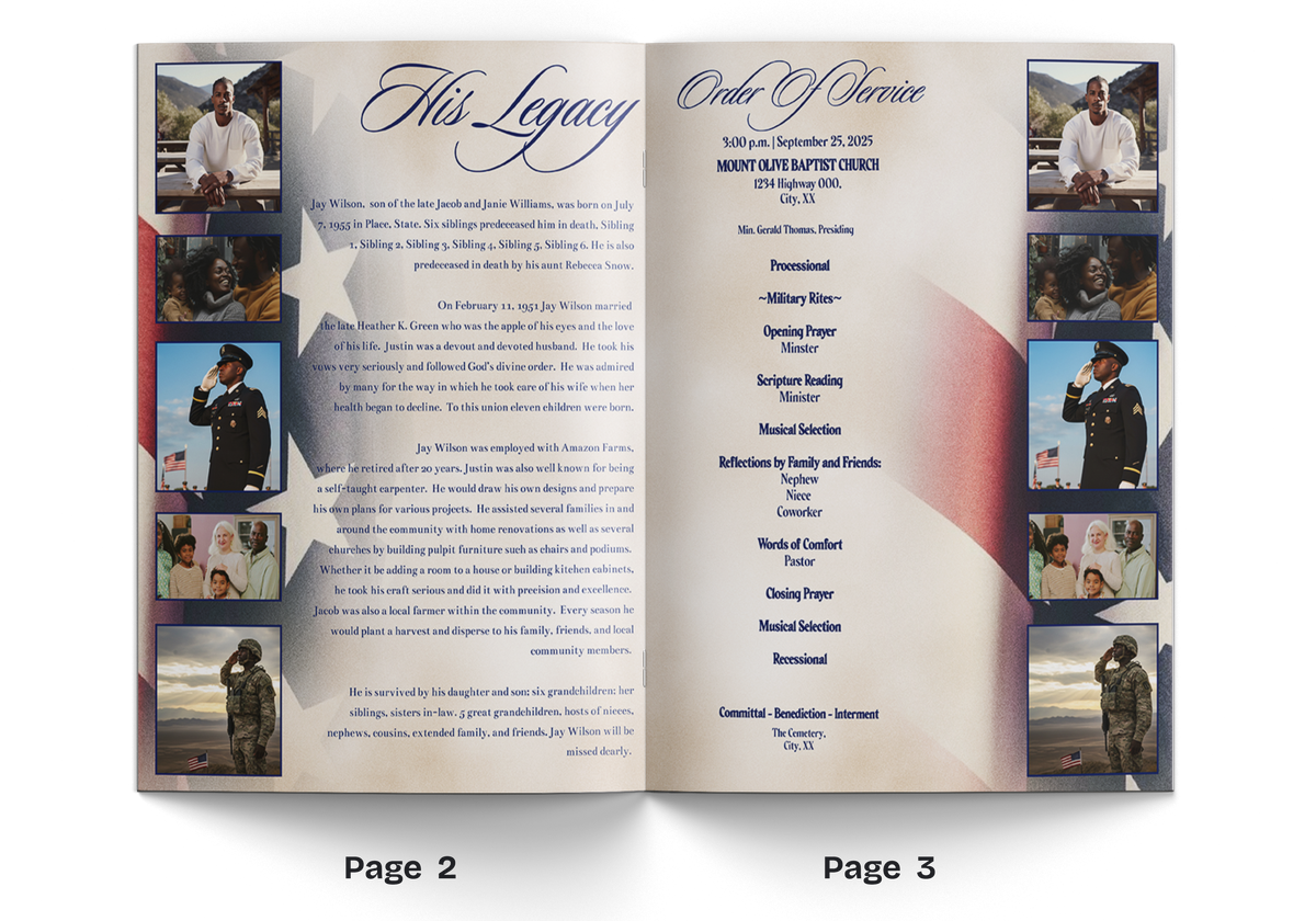 Memorial booklet interior spread with uniform portraits and honor roll text columns