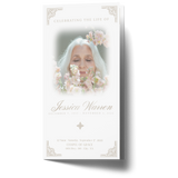 Trifold memorial brochure with gold border and portrait photo