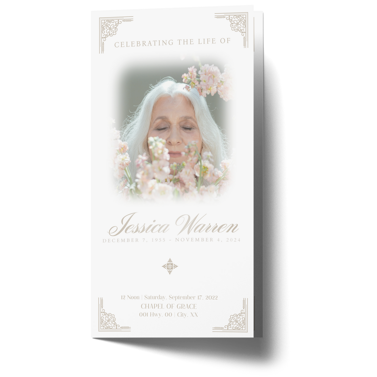 Trifold memorial brochure with gold border and portrait photo
