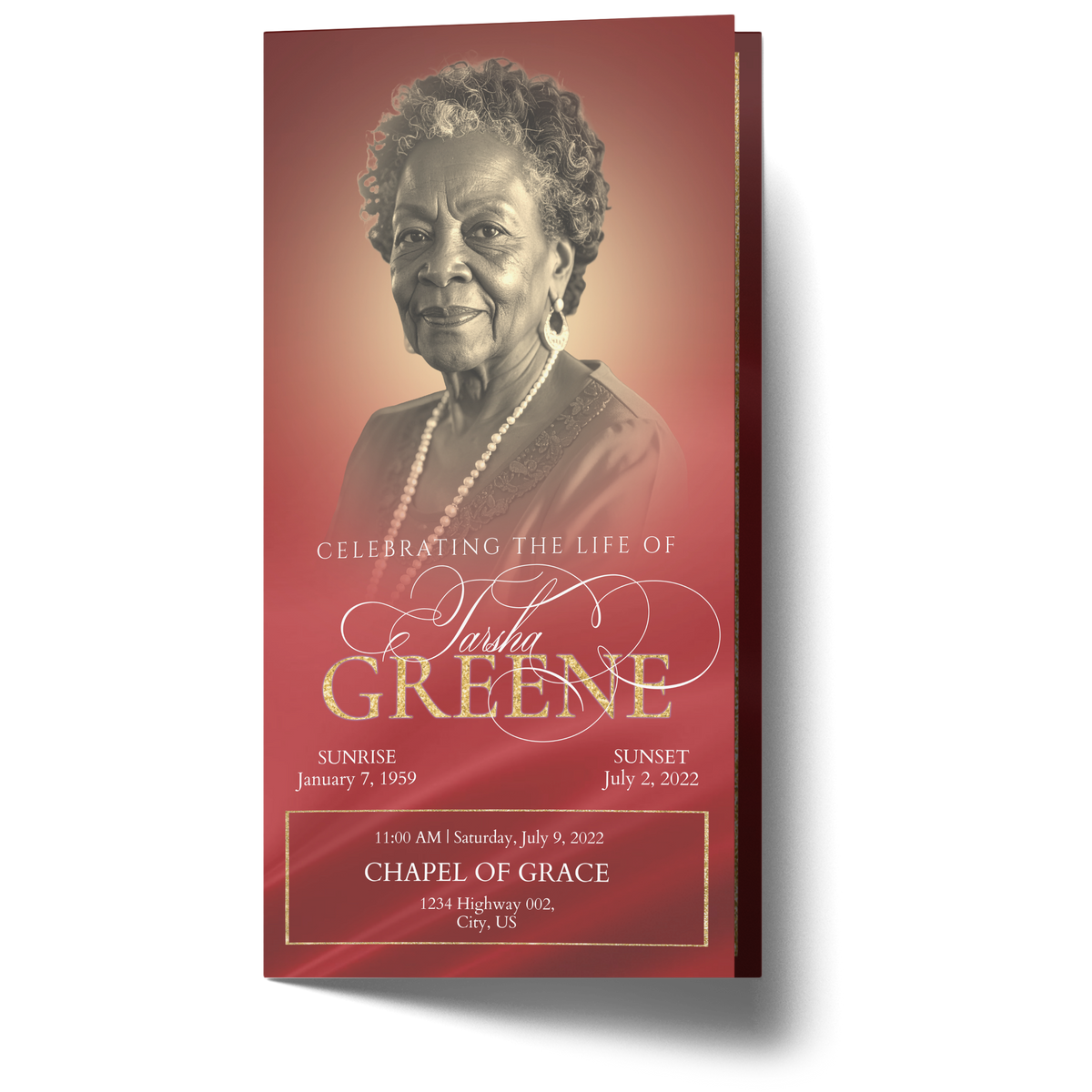 Red and gold glitter trifold memorial program with woman portrait on cover
