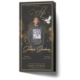 Tri-fold black and gold invitation with central portrait and decorative bokeh background