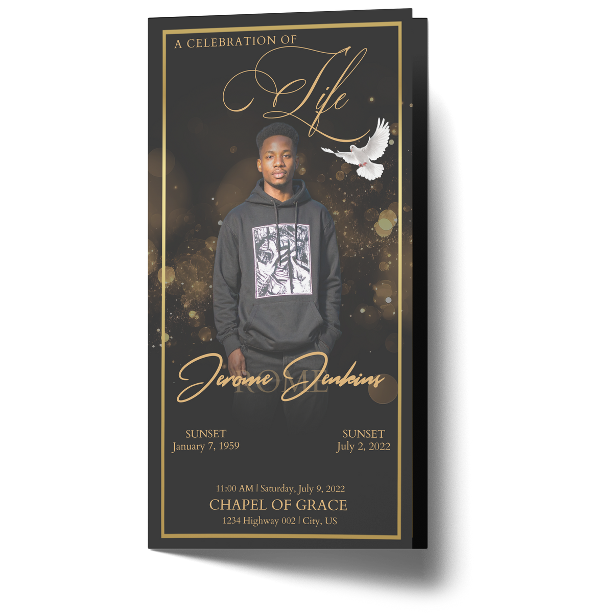 Tri-fold black and gold invitation with central portrait and decorative bokeh background