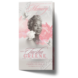 Trifold memorial brochure with woman portrait and pink peonies on front cover