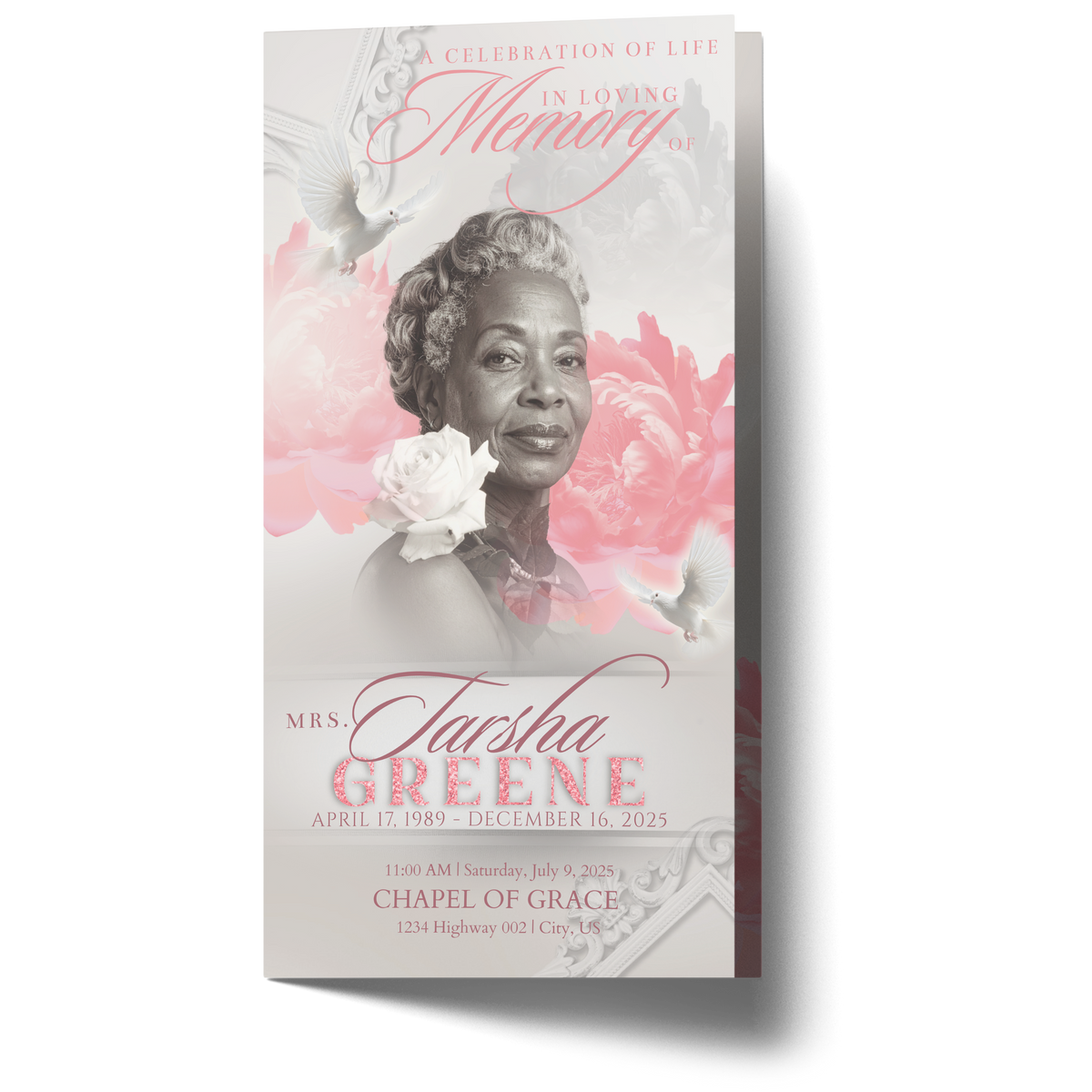 Trifold memorial brochure with woman portrait and pink peonies on front cover