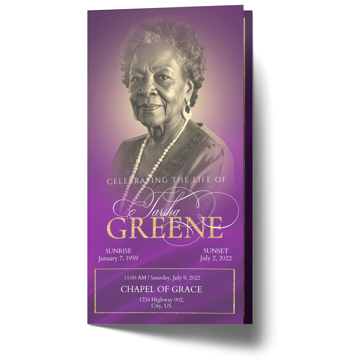 Purple and gold glitter trifold invitation card with portrait panel