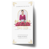 Trifold memorial invitation front with oval portrait, burgundy-pink roses, and gold frame