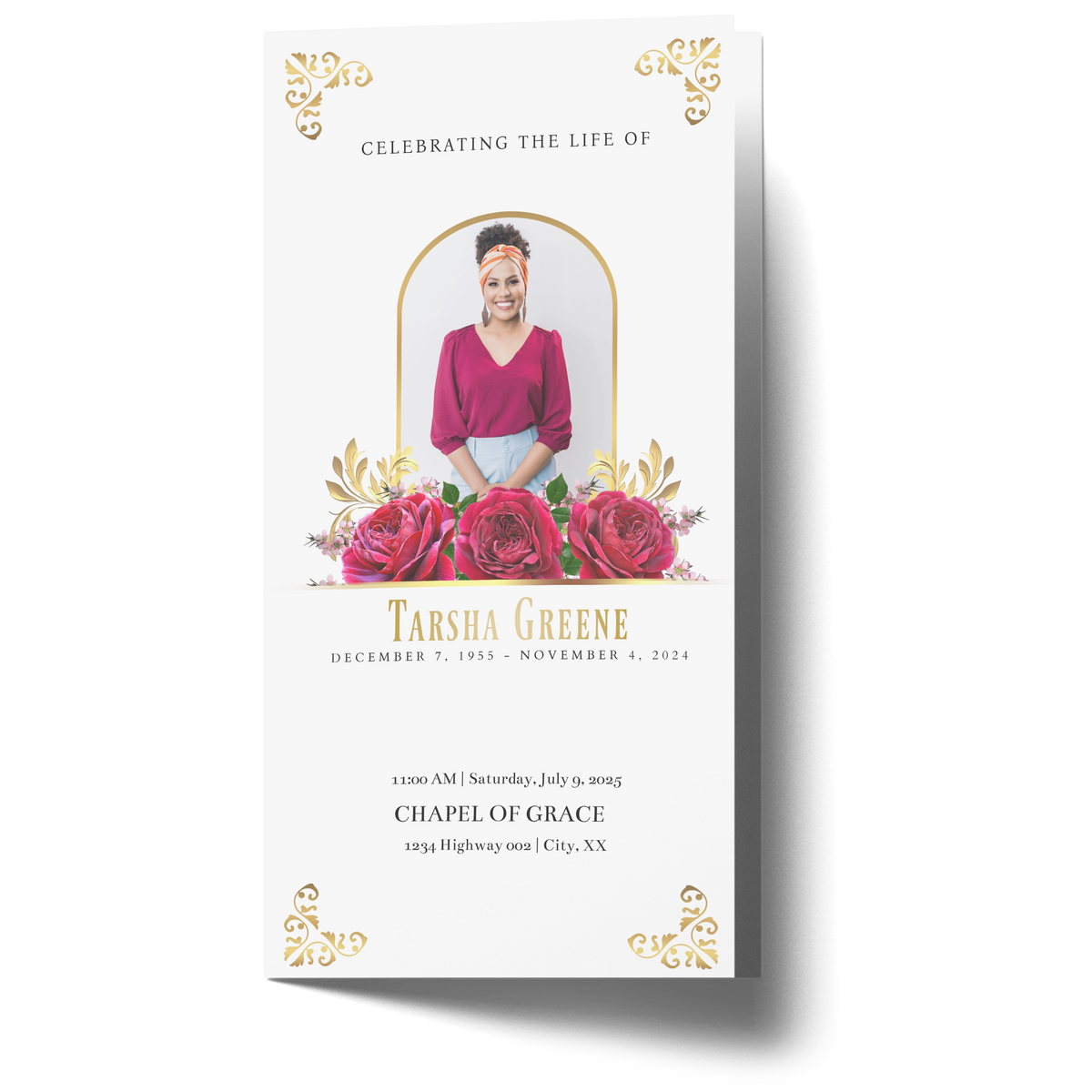 Trifold memorial invitation front with oval portrait, burgundy-pink roses, and gold frame