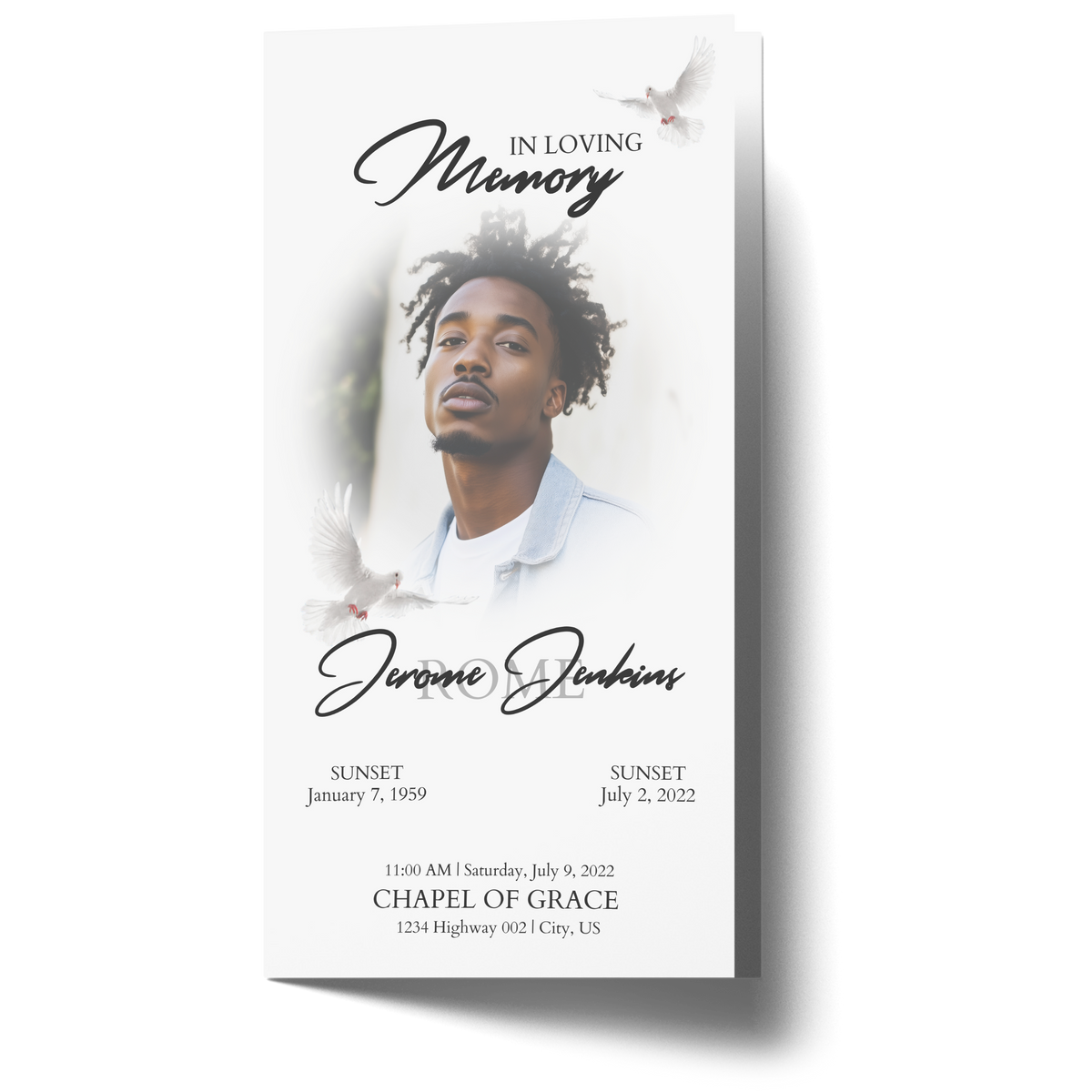 Trifold memorial card front with portrait, dove accents, and memorial dates in script.