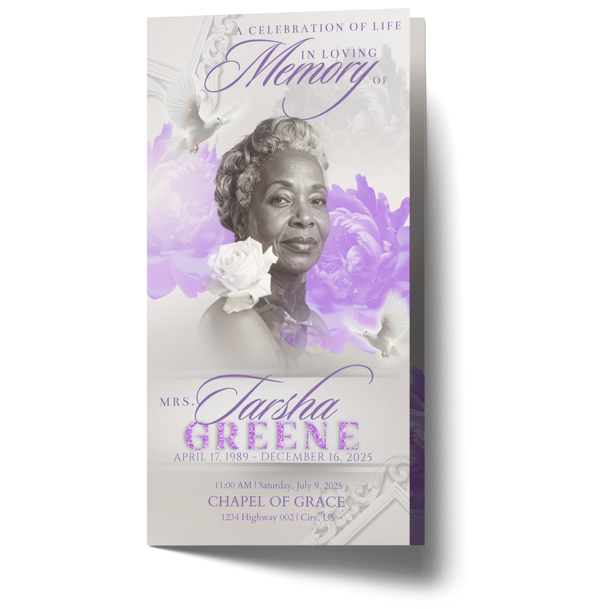 Trifold memorial program cover with woman's portrait, “In loving memory” title, and peony accents