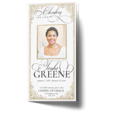 Gold glitter trifold funeral program front with portrait photo and ornate border