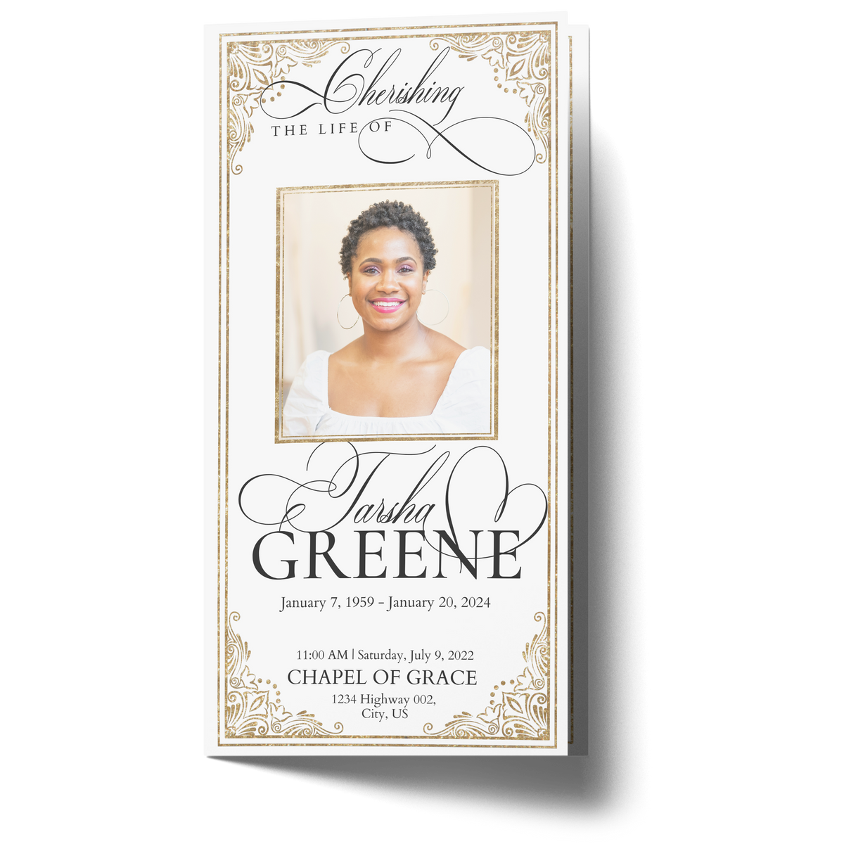 Gold glitter trifold funeral program front with portrait photo and ornate border