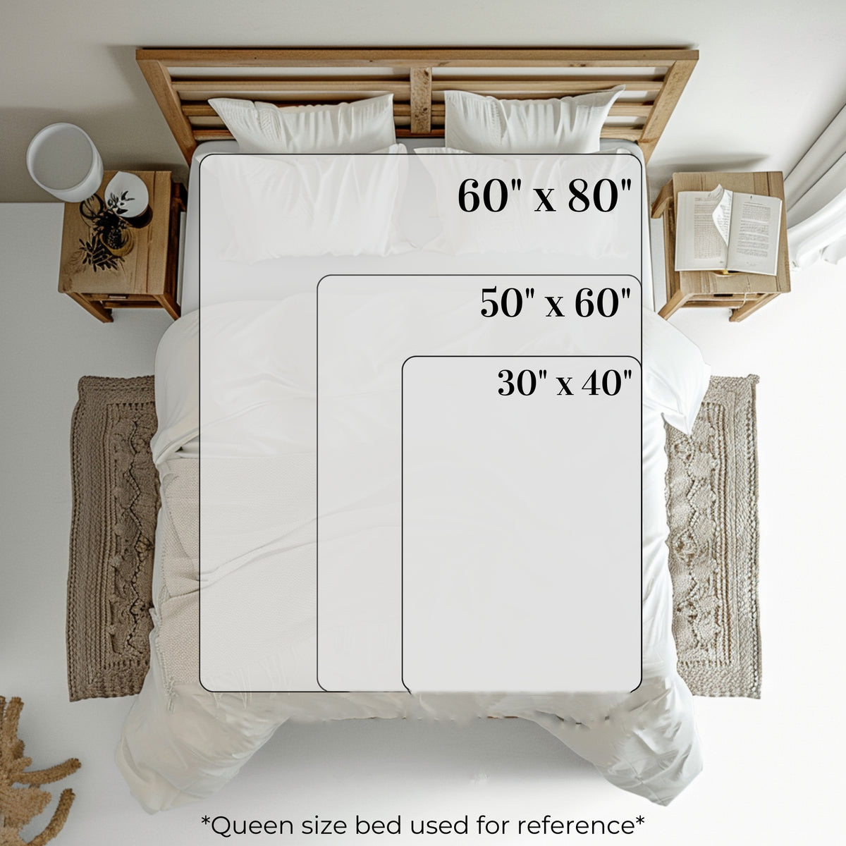 Memorial blanket on bed with printed size options: 60x80, 50x60, 30x40