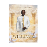 Memorial blanket with portrait, 'Timothy WILLIAMS' title, and golden pillar background