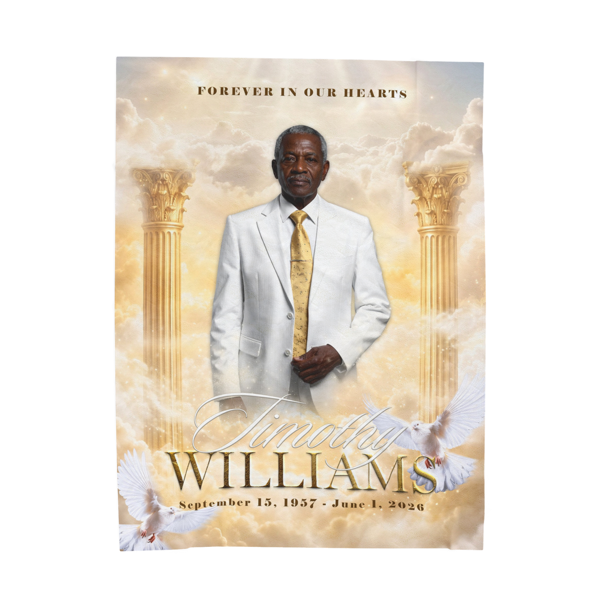 Memorial blanket with portrait, 'Timothy WILLIAMS' title, and golden pillar background