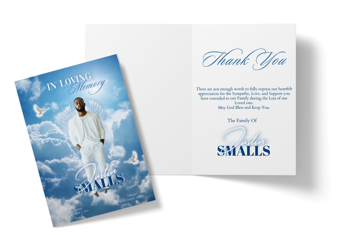Thank you card with white cover and blue memorial card featuring Austin SMALLS