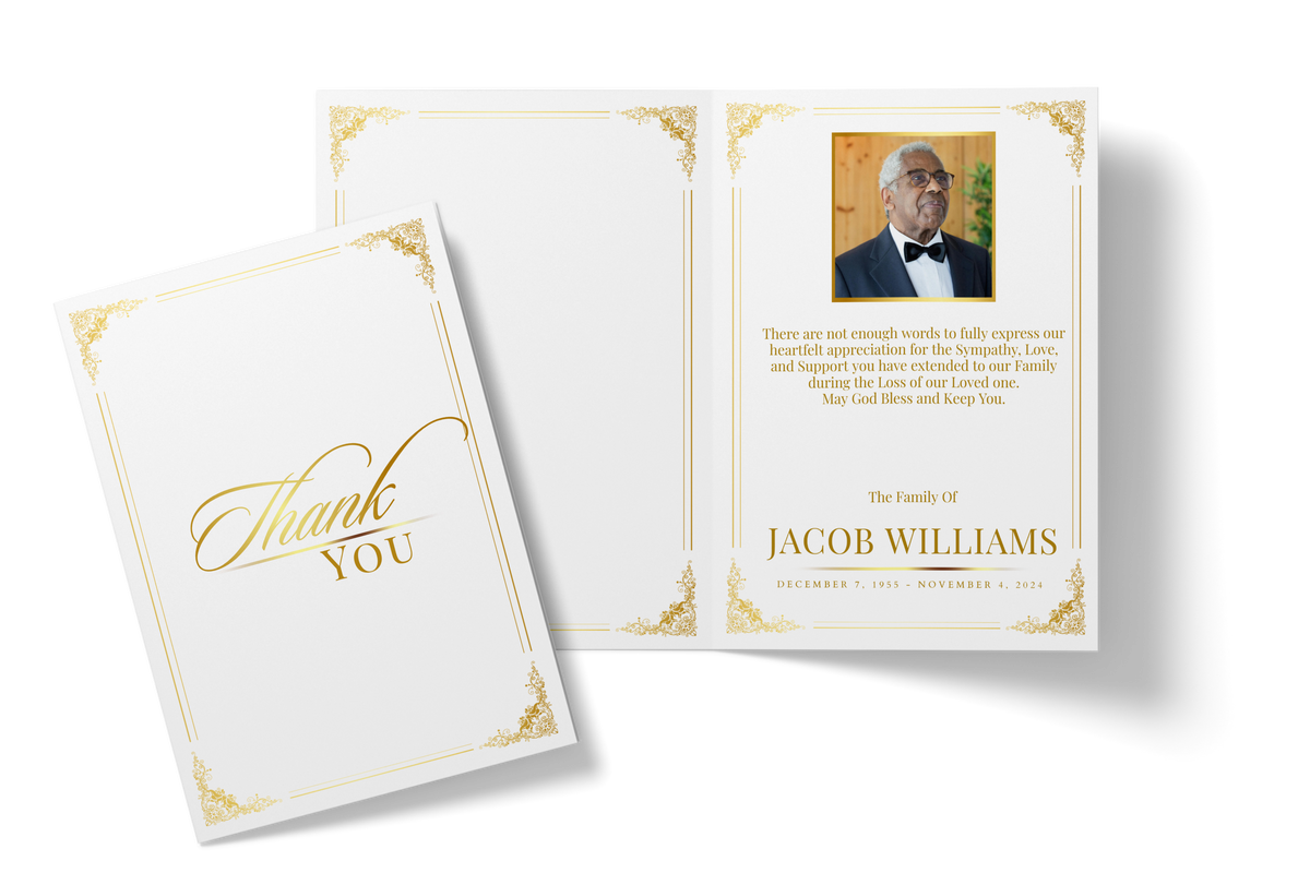 Thank You card set: front with gold “Thank You” plus interior with photo, name, text