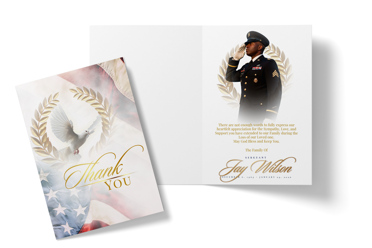 Thank you card with laurel wreath, dove design, and uniformed officer portrait