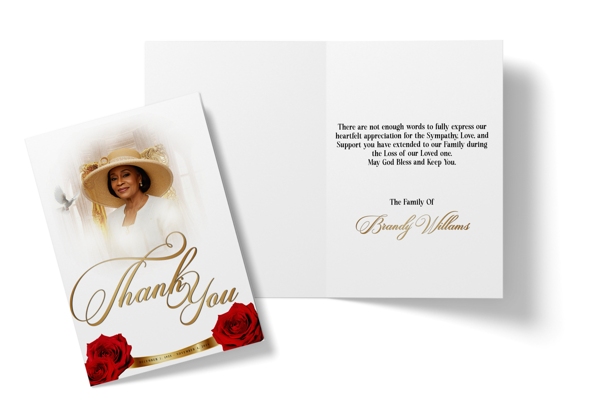 Thank-you card open: white inside message panel with 'The Family of' signature.