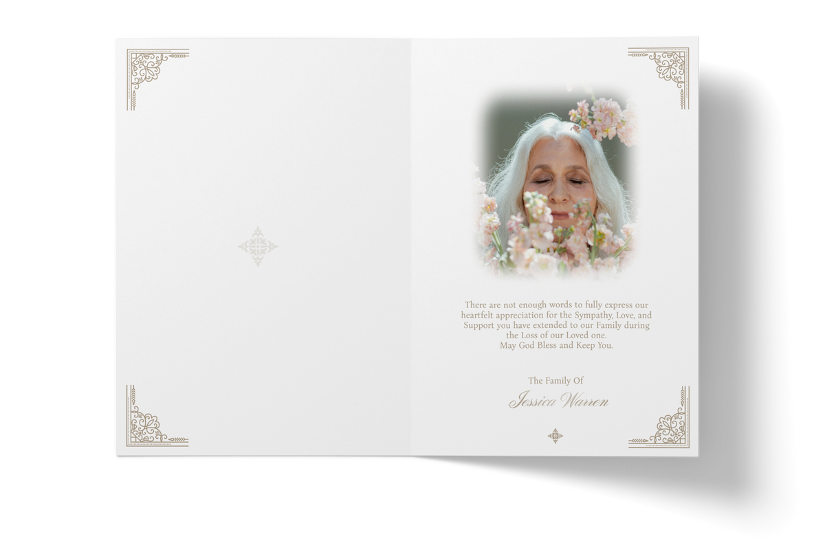 Elegant border thank-you card, white with gold corner accents and printed message