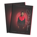 8-page photo book cover with man in red-and-black hoodie and red angel-wing design