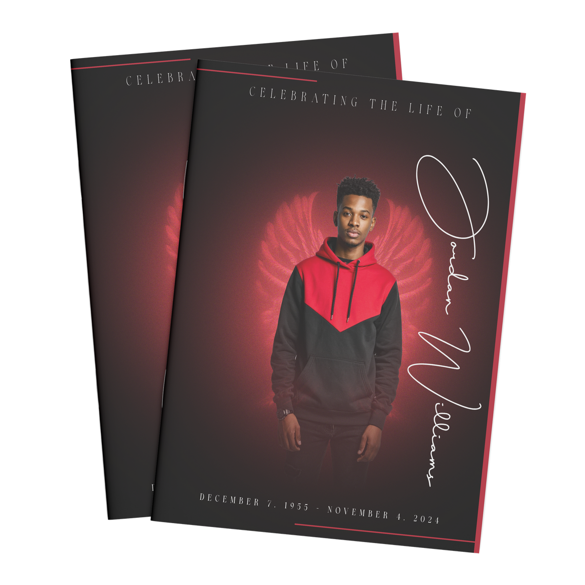 8-page photo book cover with man in red-and-black hoodie and red angel-wing design