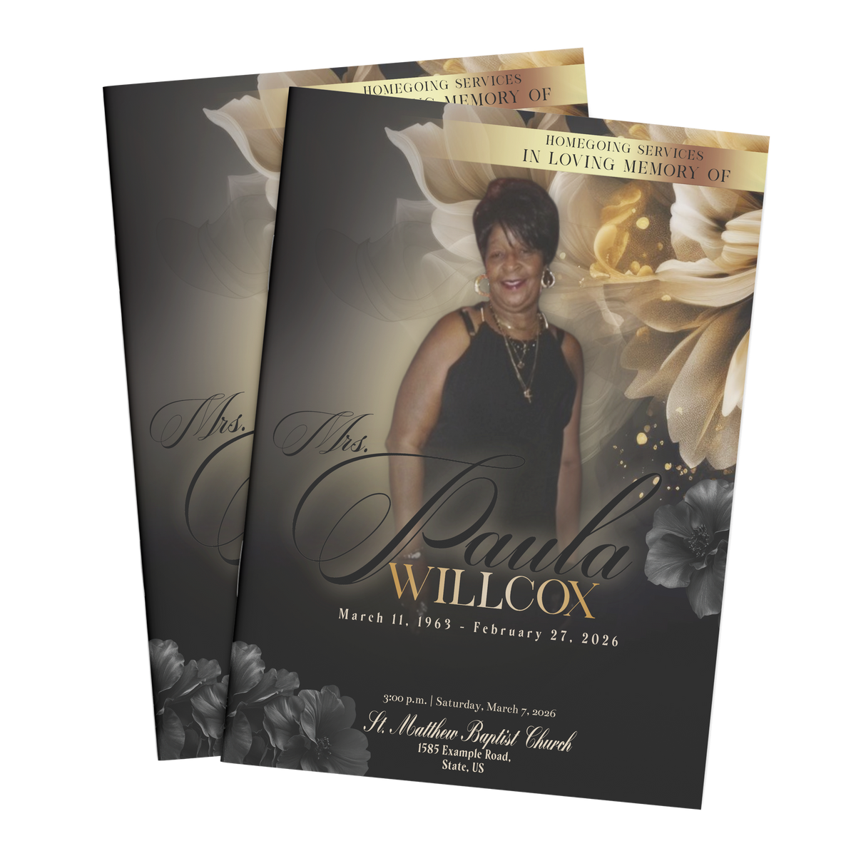 Custom booklet cover with black and gold portrait, floral memorial service design