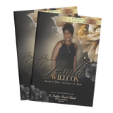 Custom booklet cover with black and gold portrait, floral memorial service design