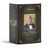 Black 4-page memorial frame with gold ornate border and portrait panel