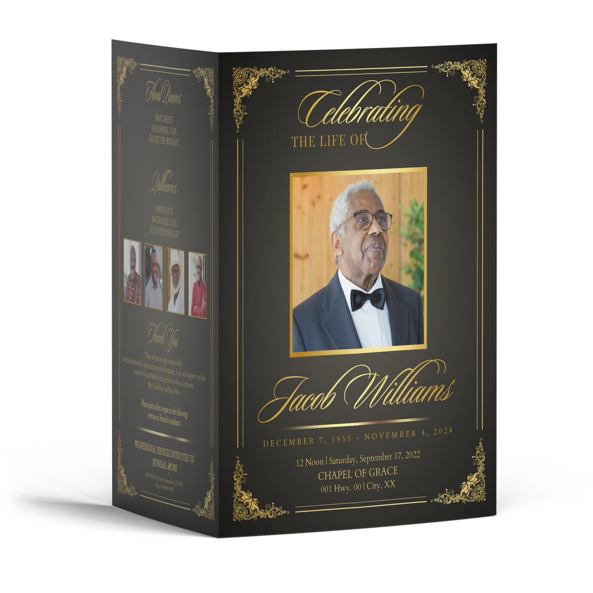 Black 4-page memorial frame with gold ornate border and portrait panel