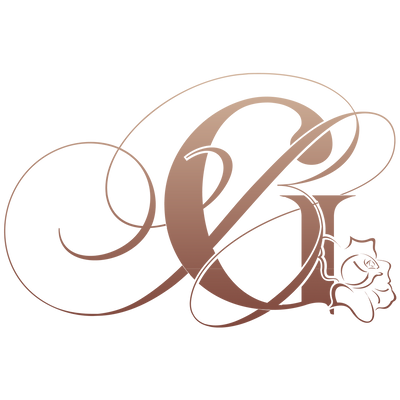 A decorative monogram-style logo featuring intertwined cursive letters and a rose motif in a warm metallic rose-gold/copper tone on a solid black background.