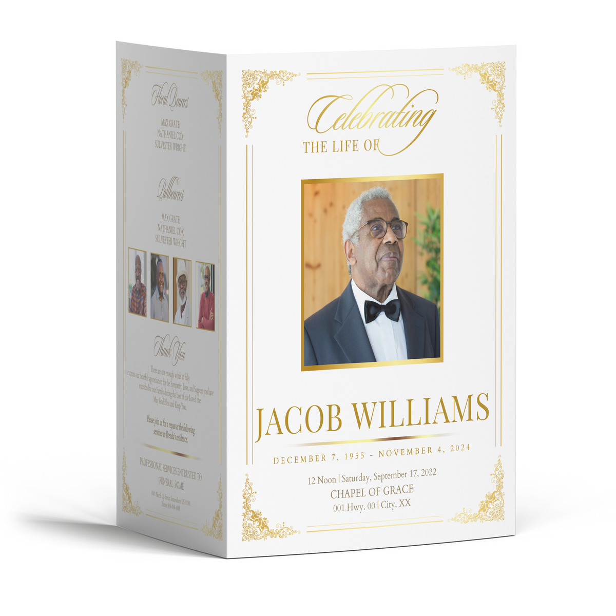 Gold-tone 4-page photo frame with ornate border and portrait layout inside