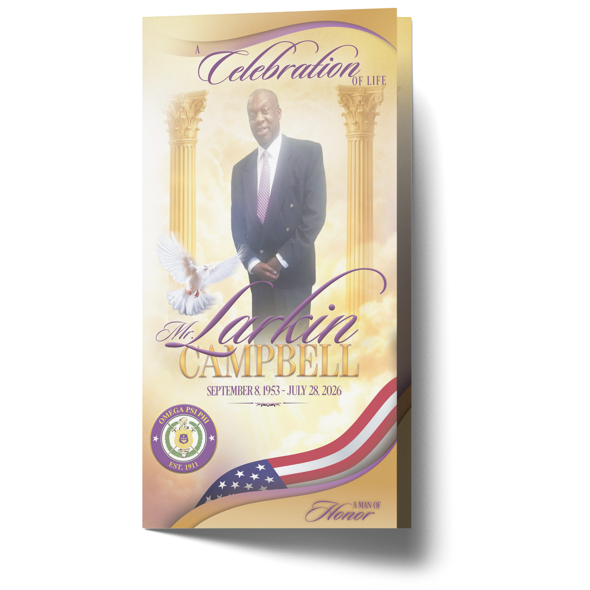 Custom trifold program cover in cream with purple script, dove, columns, and event dates