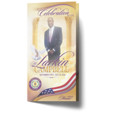 Custom trifold program cover in cream with purple script, dove, columns, and event dates