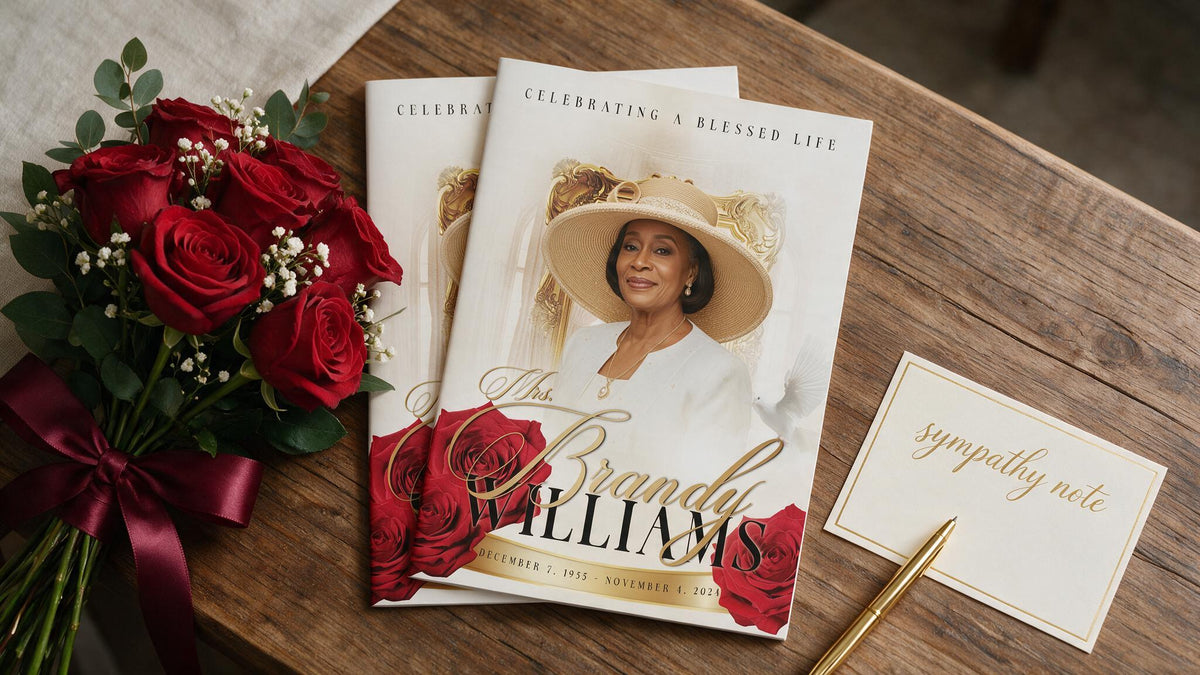 A printed memorial book or magazine cover titled 'The Brandy Williams' is displayed on a wooden table beside a bouquet of red roses, a sympathy note card, and a gold pen. The cover shows a portrait of a woman in a hat with red roses at the bottom.