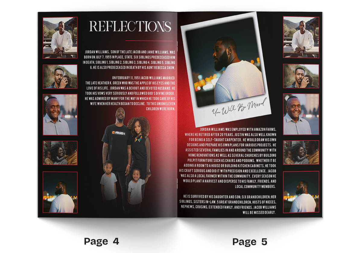 A two-page memorial program or tribute booklet spread shown on a white background, with page 4 on the left and page 5 on the right. The pages feature a dark red and black design, multiple small portrait photos of a man, the title 'REFLECTIONS,' a large portrait photo with a photo frame border, a signature, and blocks of commemorative text.
