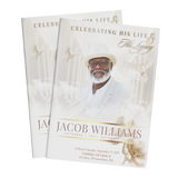 Memorial brochure featuring a man in a white hat and flowing dove accents