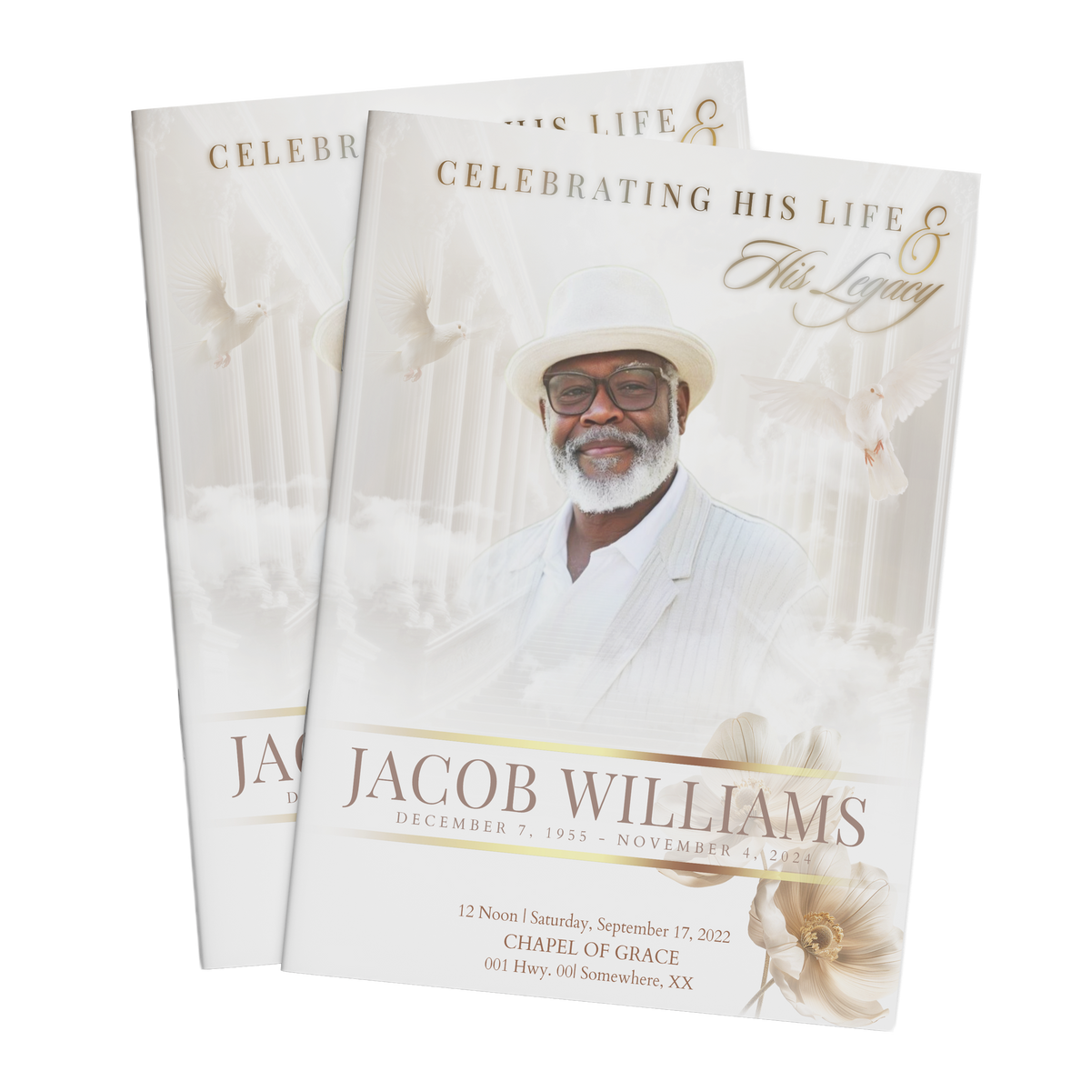 Memorial brochure featuring a man in a white hat and flowing dove accents