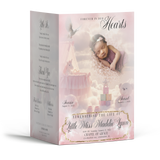 Soft pink baby girl 4-page memorial program, front cover with baby photo and hearts motif