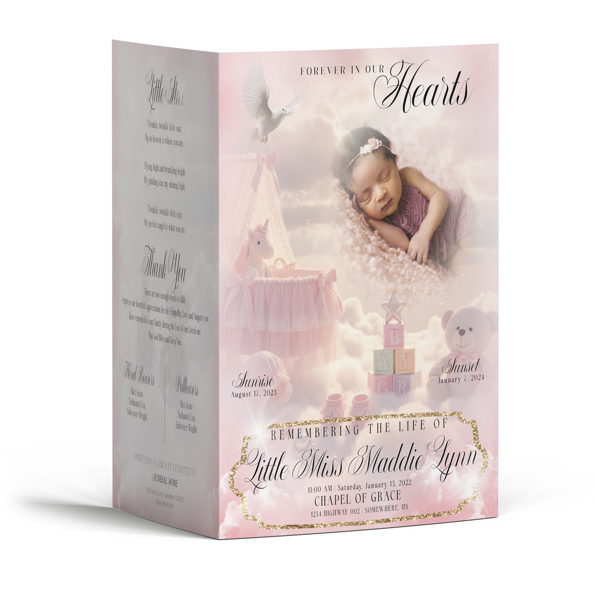 Soft pink baby girl 4-page memorial program, front cover with baby photo and hearts motif