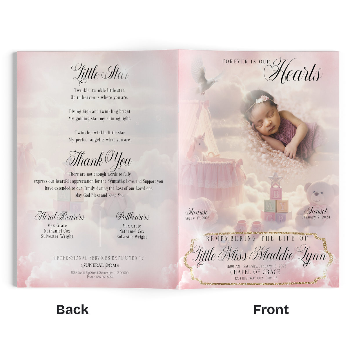 Soft pink baby girl 4-page memorial program open, baby photo on right panel