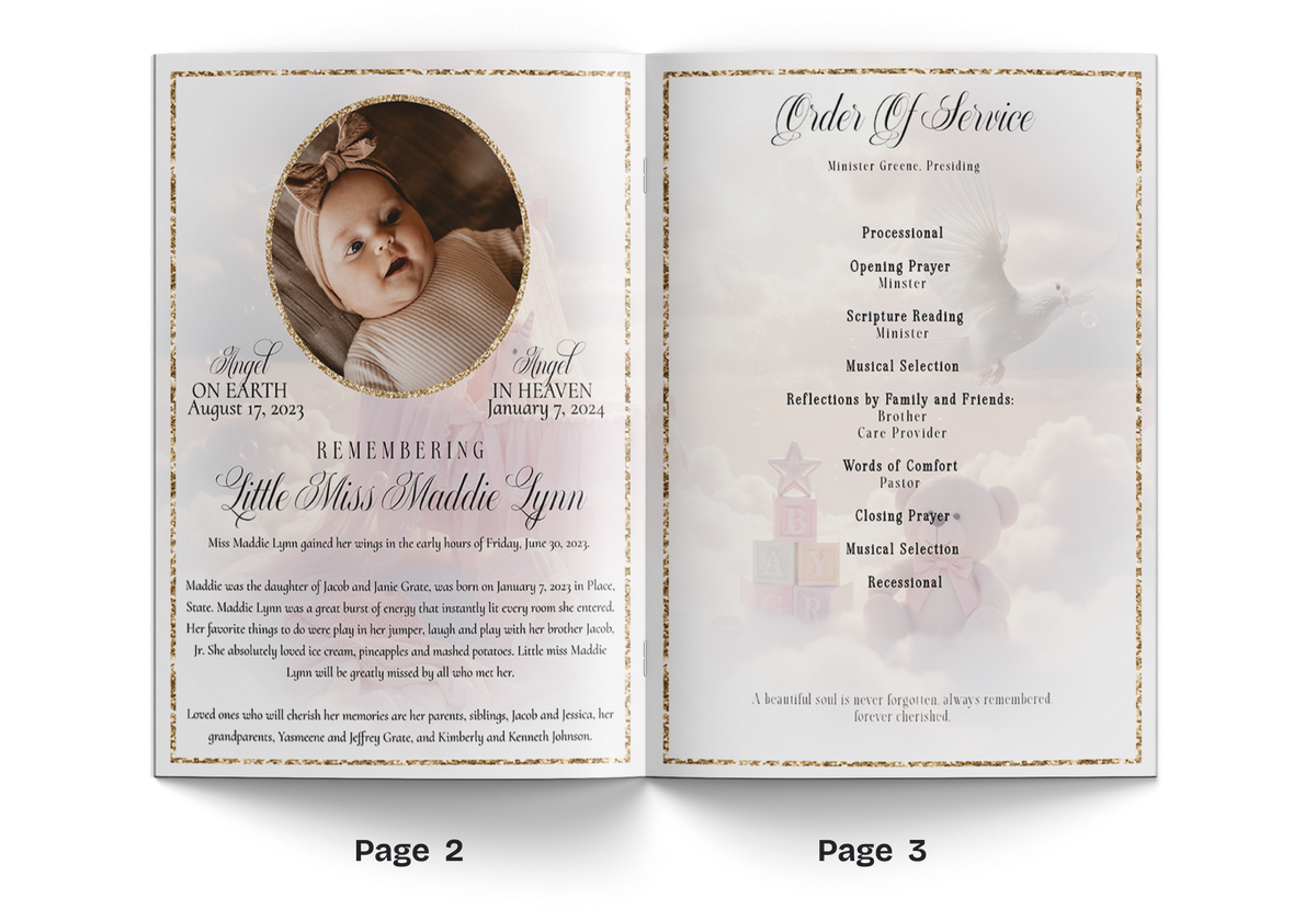 Soft pink baby girl 4-page memorial program open, featuring baby portrait and floral layout