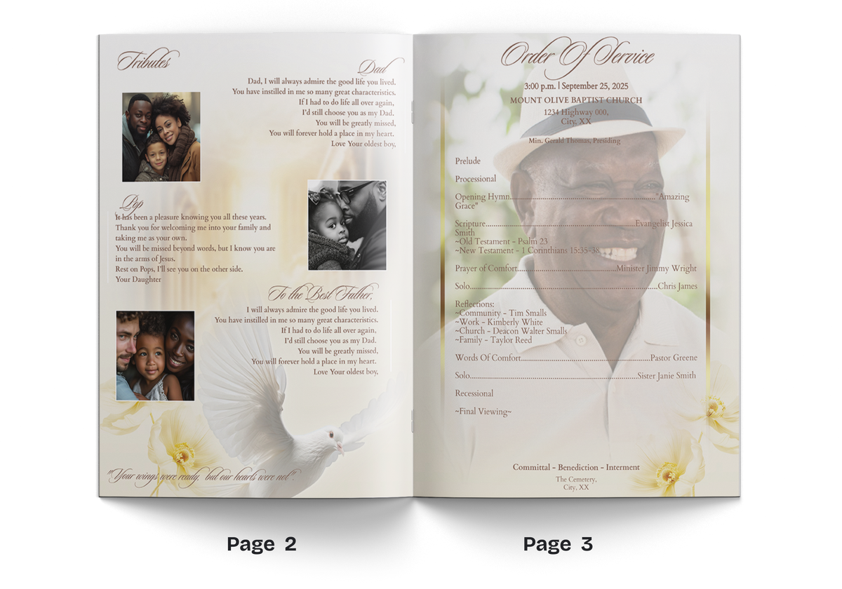 Open memorial brochure spread with printed text, photo grid, and page headings