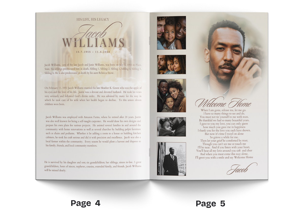 Open memorial brochure spread with portrait on right and welcome message on left