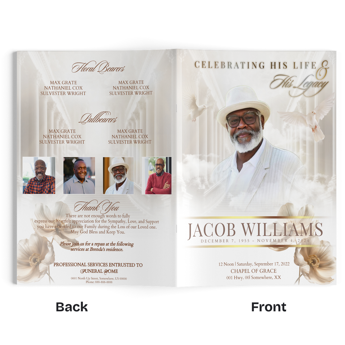 Open memorial brochure featuring two portrait panels, dove graphics, and event details