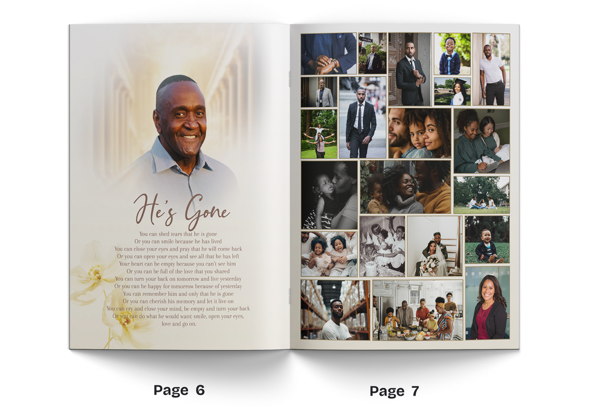 Open memorial brochure spread with portrait and photo collage on the right panel