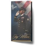 Navy trifold memorial program front panel showing uniformed officer saluting