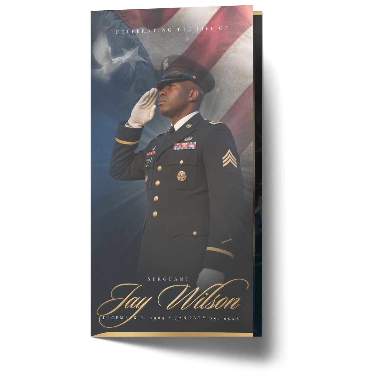 Navy trifold memorial program front panel showing uniformed officer saluting