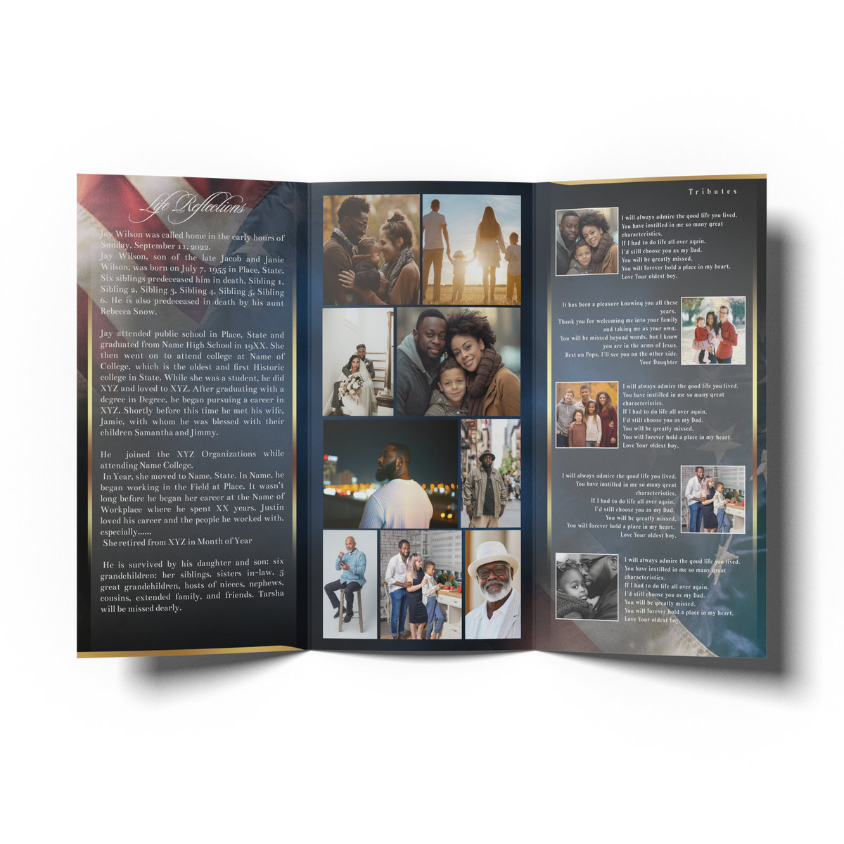 Navy trifold memorial program open inside with photos, text blocks, and gold border