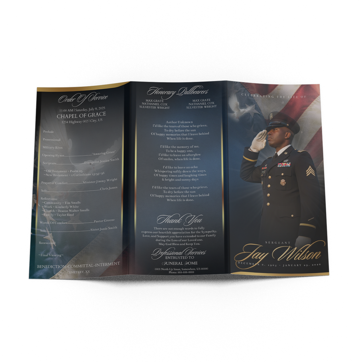 Navy trifold memorial program with three panels and gold trim, featuring uniform portrait